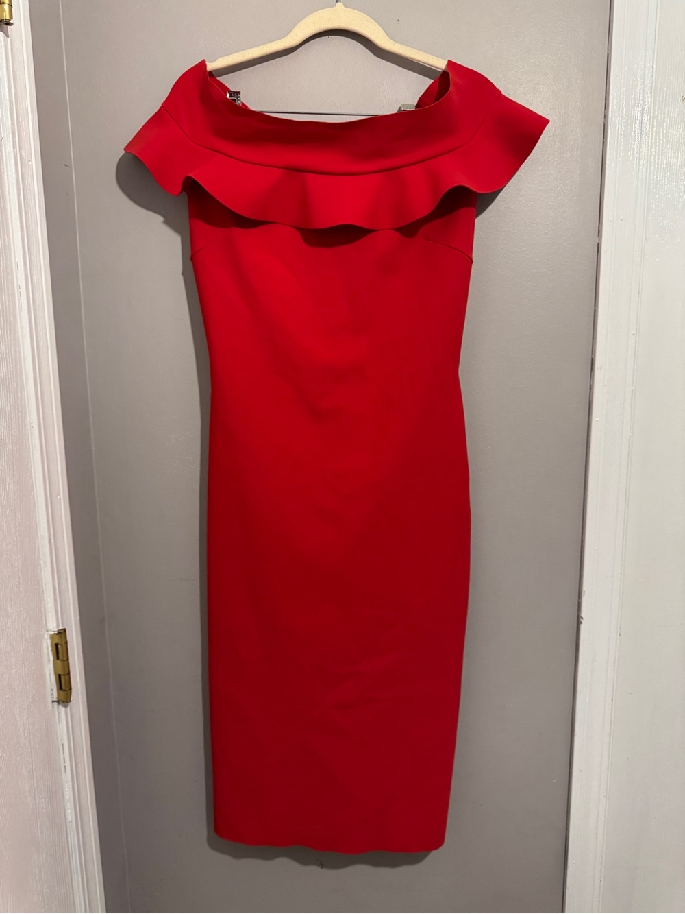 Chiara Boni Red Off-the-Shoulder Ruffle Sheath Dress